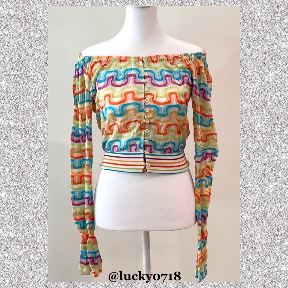 Off-Shoulder Multicolor Wave Print Button-Down Top